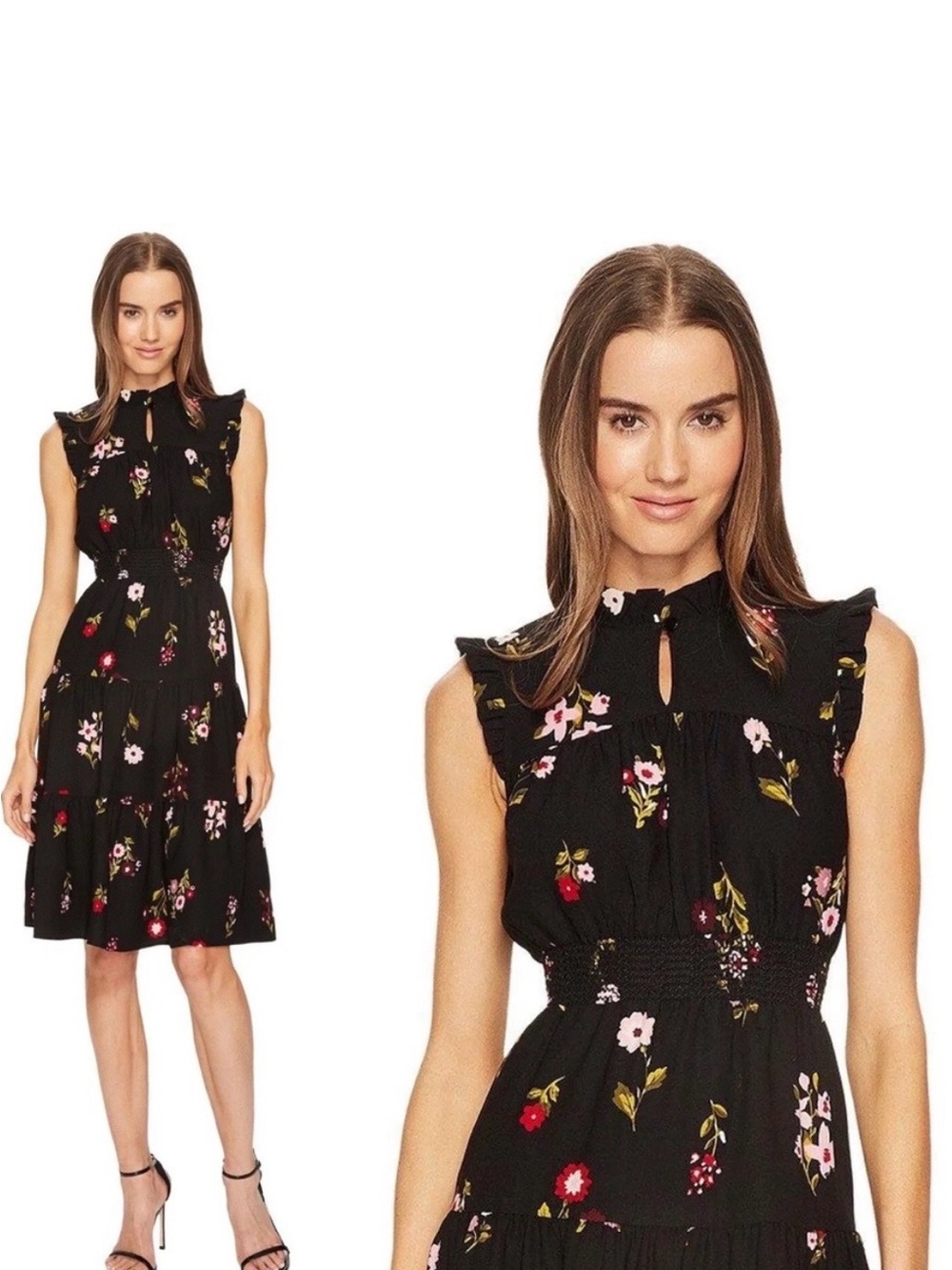 Black Floral Sleeveless Ruffle Neck Dress